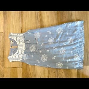 Blue and White Floral Print Dress with Lace Detailing